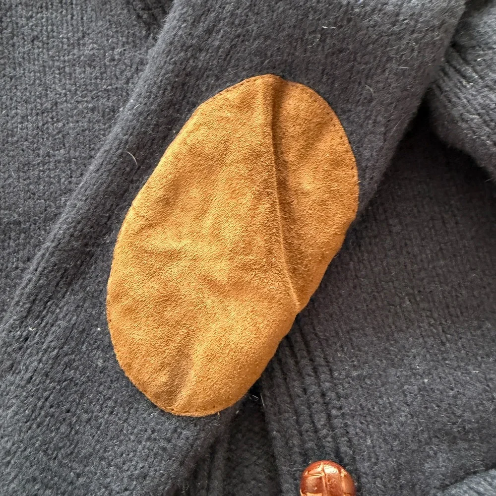 Ralph Lauren Rugby Navy Blue Wool Cardigan with Suede and Leather details Sz 7